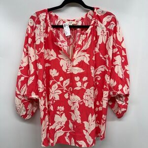 Easel Floral Print Tunic Top 1X Red Cream Boho Kimono Sleeve Blouse Shirt NWT